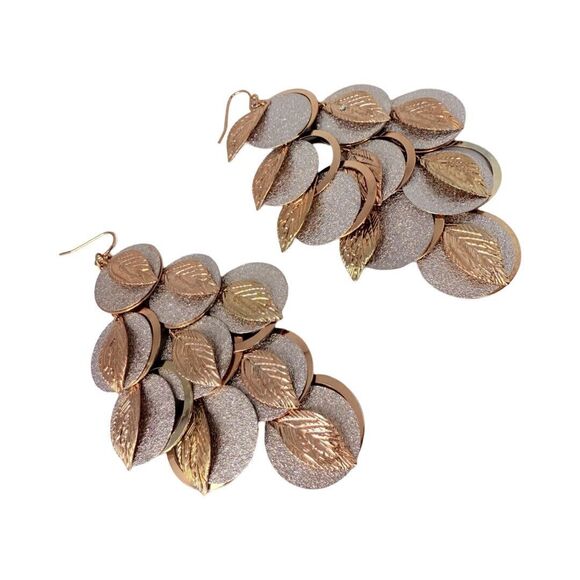 Gold & Silver-Tone Layered Leaf Dangle Earrings 4.5" Statement Chandelier Boho - Picture 9 of 10